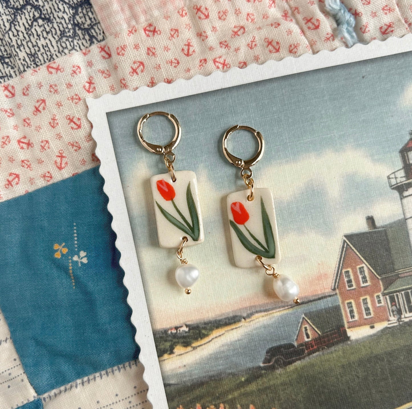 Red Tulips Handpainted Ceramic Huggie Hoop and Pearl Earrings
