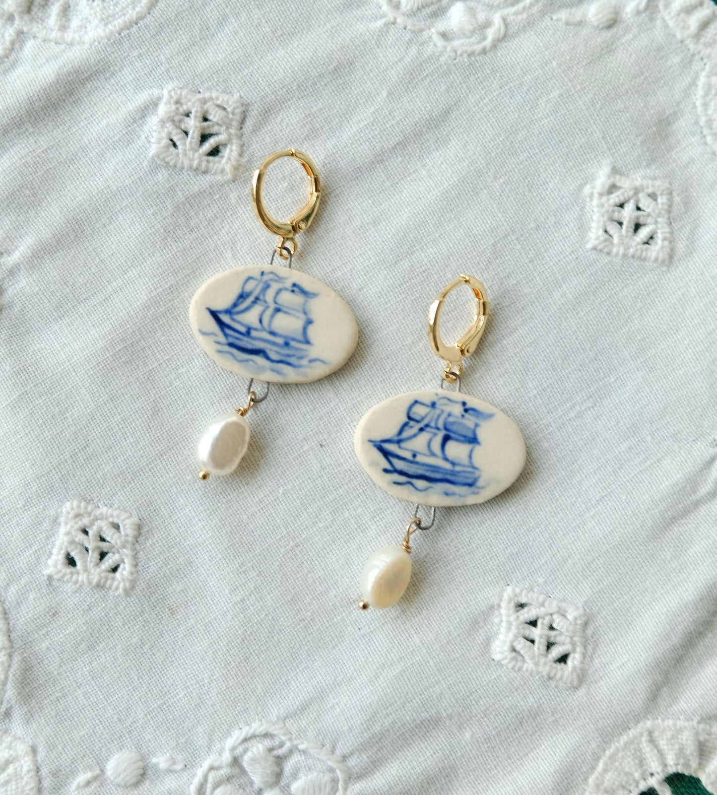 Clipper Boat Hand Painted Ceramic Earrings