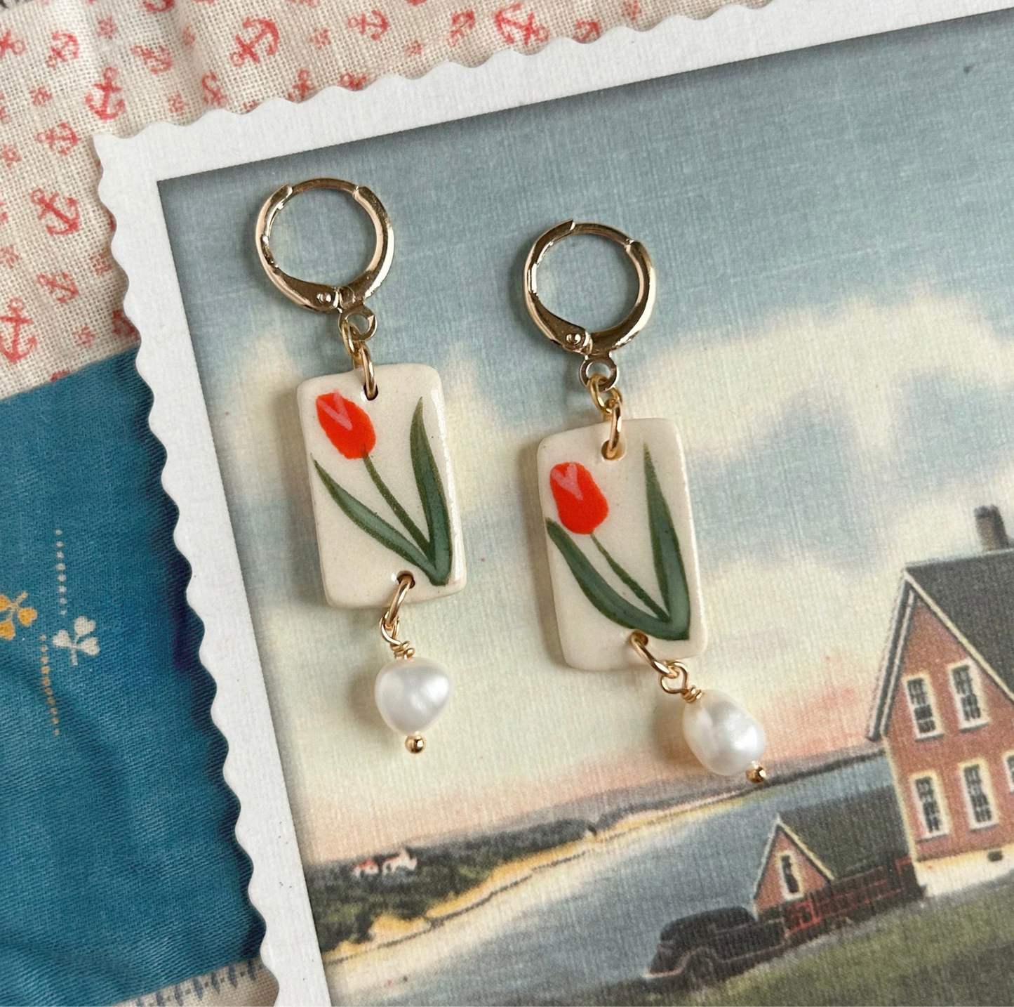 Red Tulips Handpainted Ceramic Huggie Hoop and Pearl Earrings