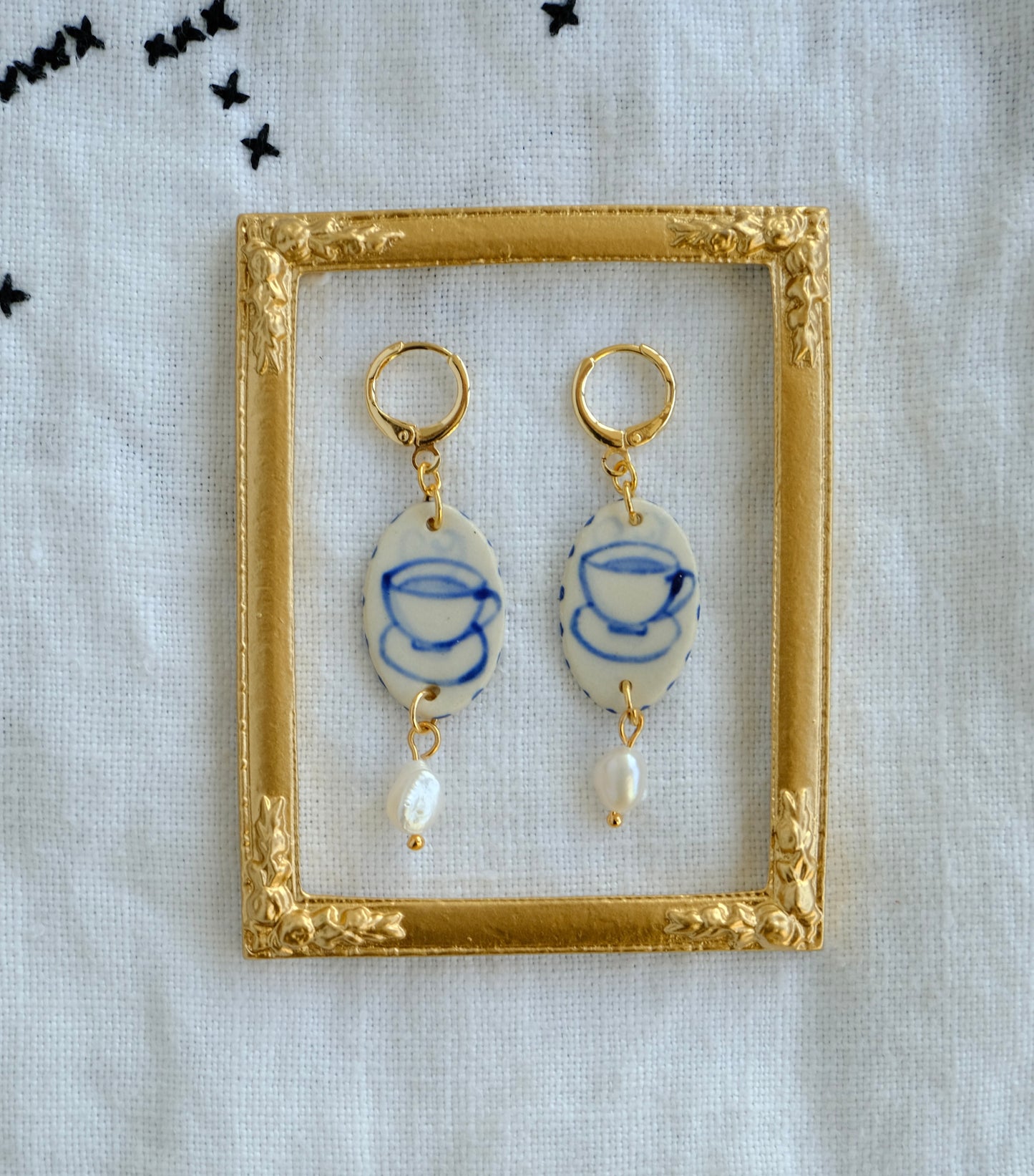 Blue Teacups Hand Painted Ceramic Earrings