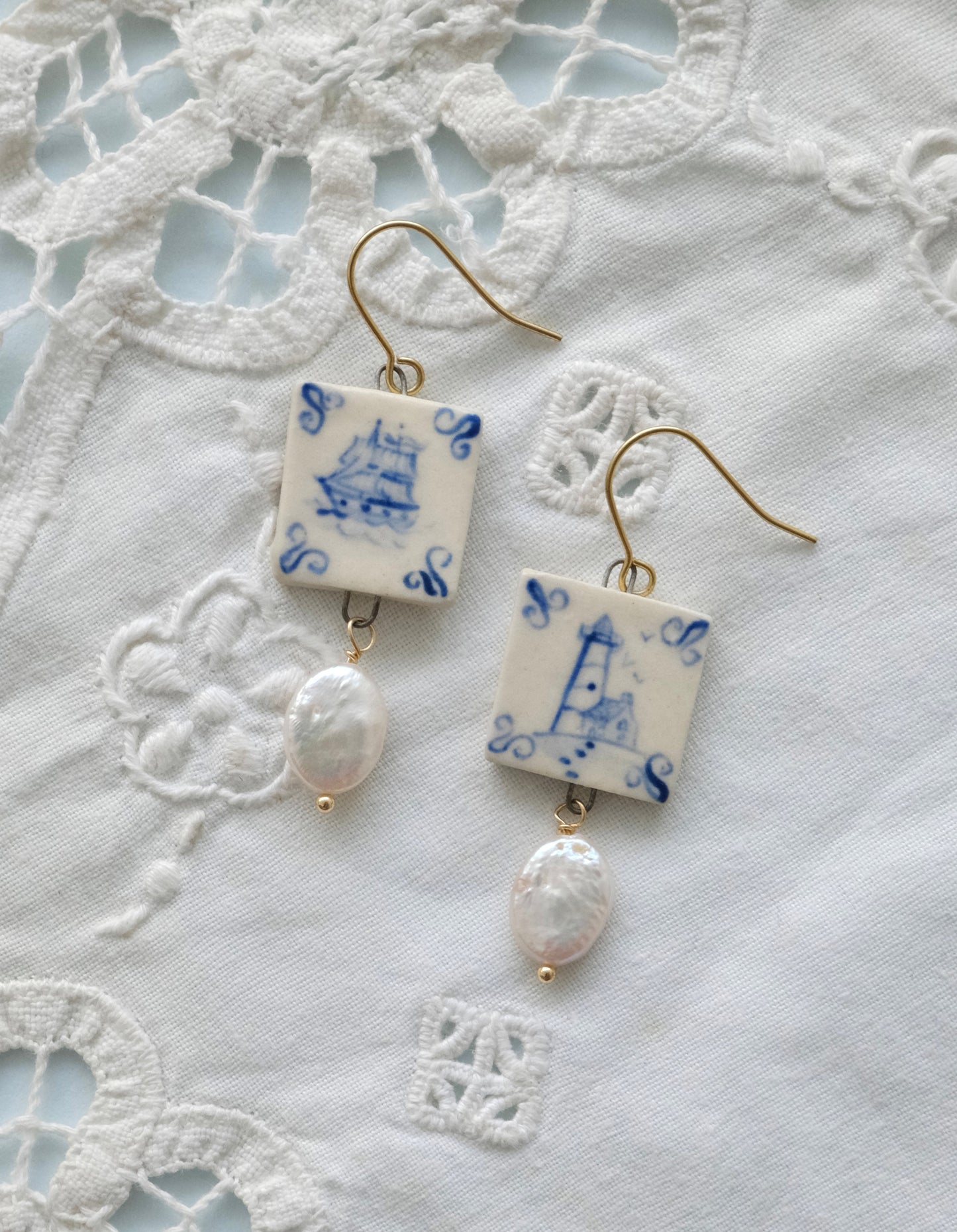 Lighthouse and Ship Tile Earrings