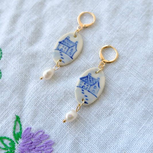 Blue Cottage Hand Painted Earrings