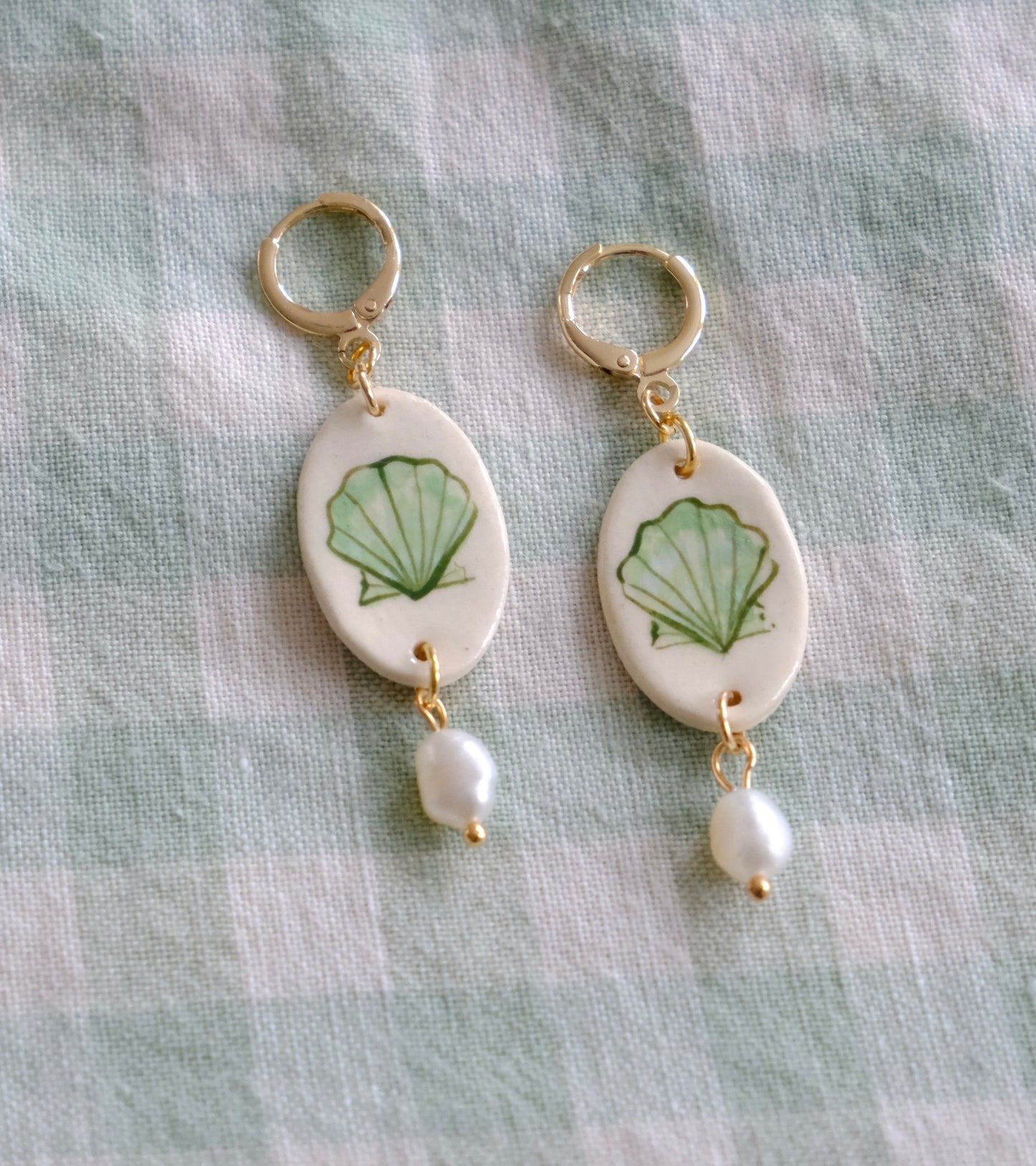 Green Seashells Hand Painted Pearl Earrings