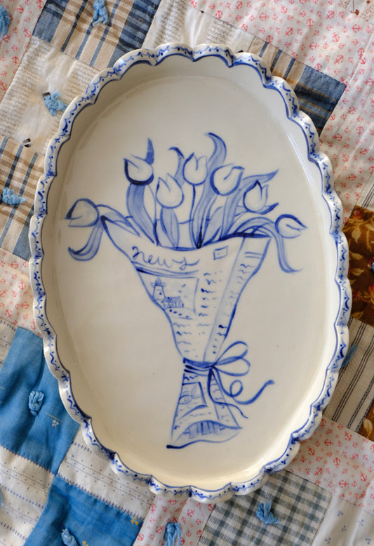 Newspaper Bouquet Platter in Blue