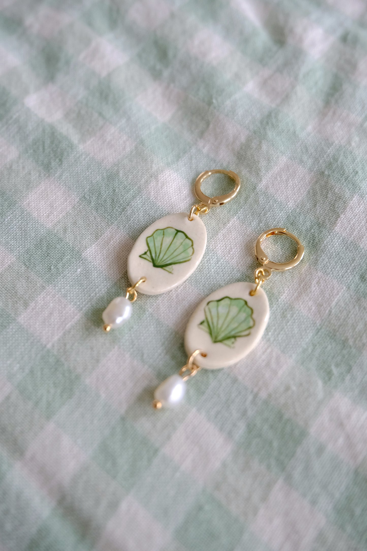 Green Seashells Hand Painted Pearl Earrings