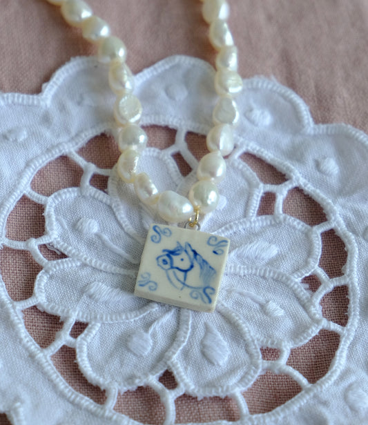 Horse Tile Pearl Necklace