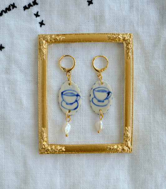 Blue Teacups Hand Painted Ceramic Earrings