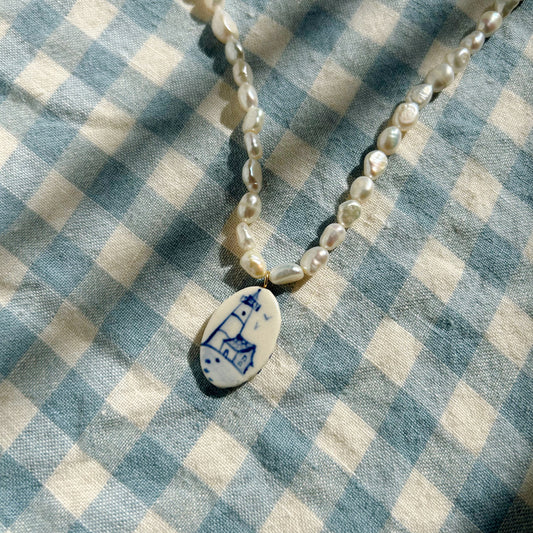 Lighthouse Ceramic Charm Pearl Necklace