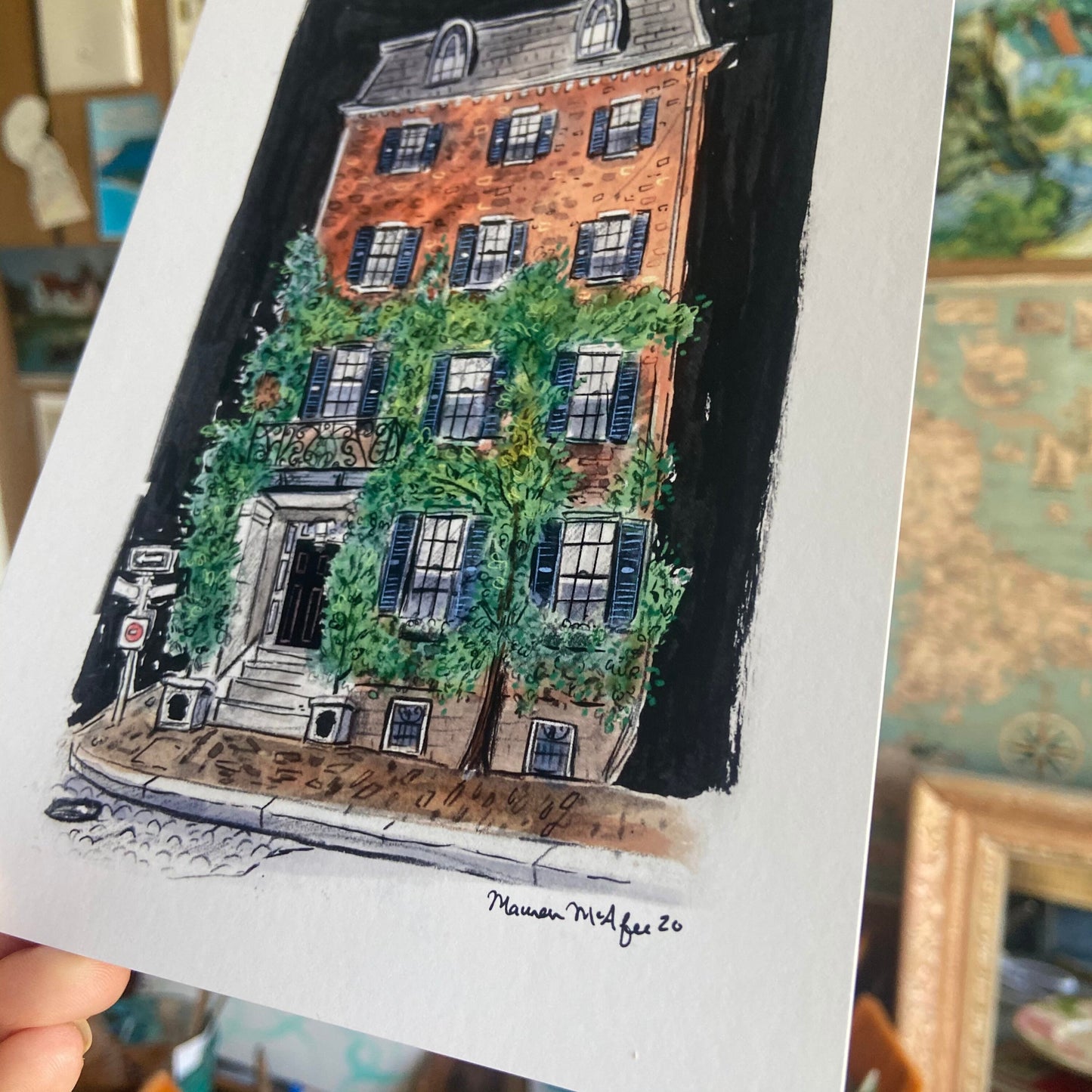 Beacon Hill Brick Townhouse with Vines Boston Ink and Watercolor Painting Signed Matte Print