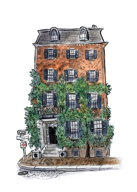 Beacon Hill Brick Townhouse with Vines Boston Ink and Watercolor Painting Signed Matte Print