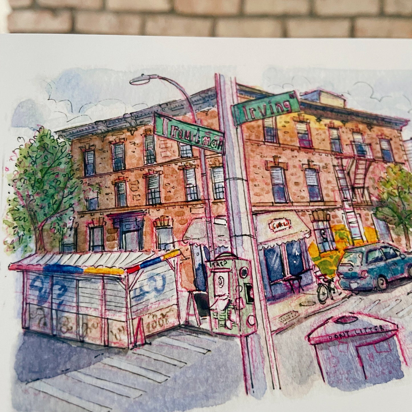 The Corner of Irving and Troutman, Brooklyn Ink and Watercolor Matte Art Print