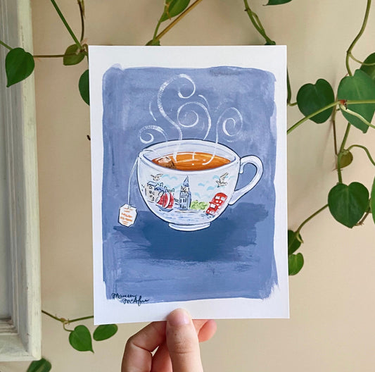 London Teacup Gouache Illustration Mini Art Print 5 by 7