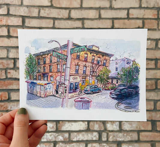 The Corner of Irving and Troutman, Brooklyn Ink and Watercolor Matte Art Print