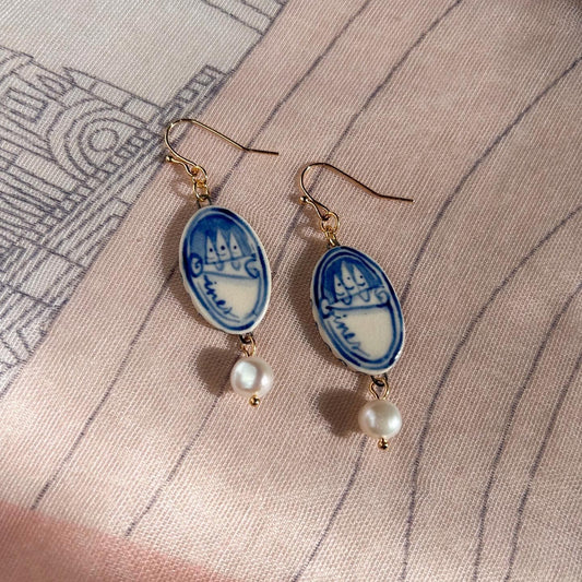 Blue Sardines Hand Painted Ceramic Pearl Earrings