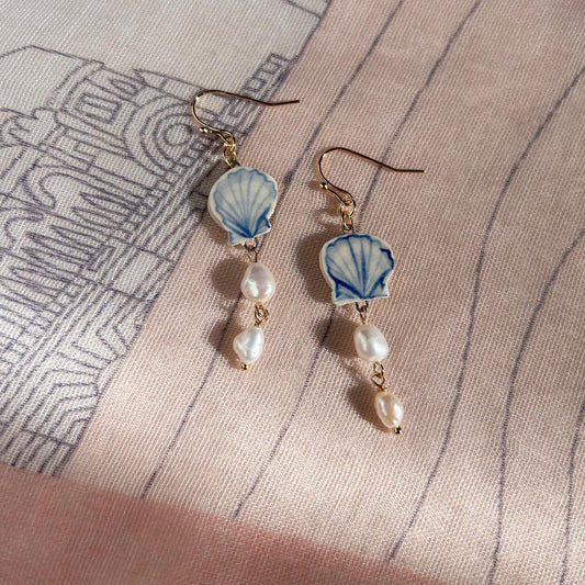 Blue Seashells Hand Painted Pearl Earrings